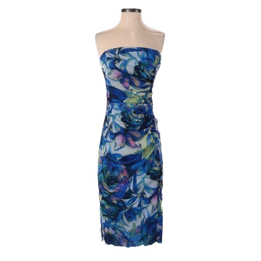 Elana Kattan Camille Strapless Sheath Dress Blue Floral Midi Cocktail NWT S